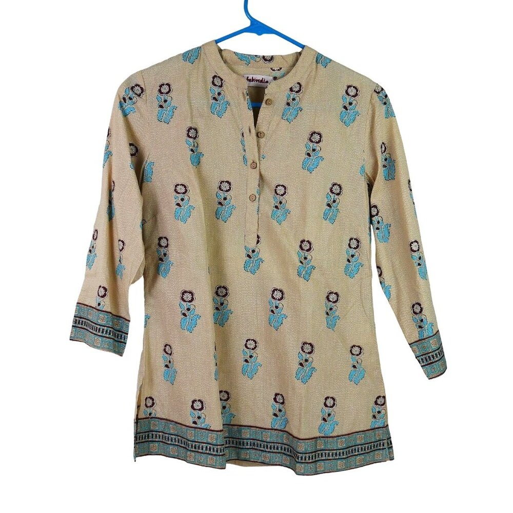 Fabindia Casual Cotton Henley Blouse Beige XS